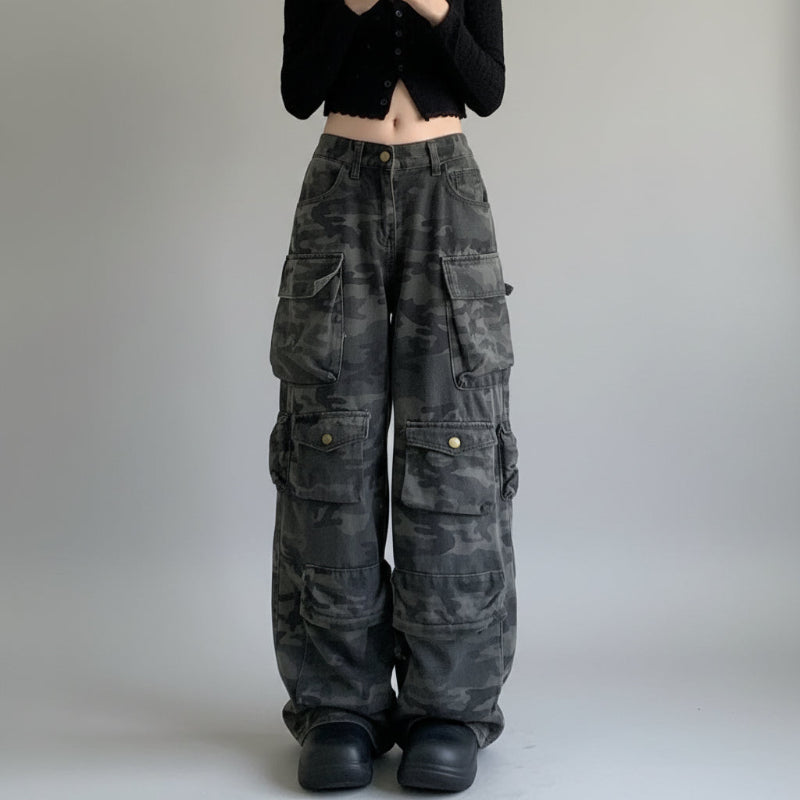 Y2K Washed Camouflage Multi Pocket Baggy Cargo Jeans