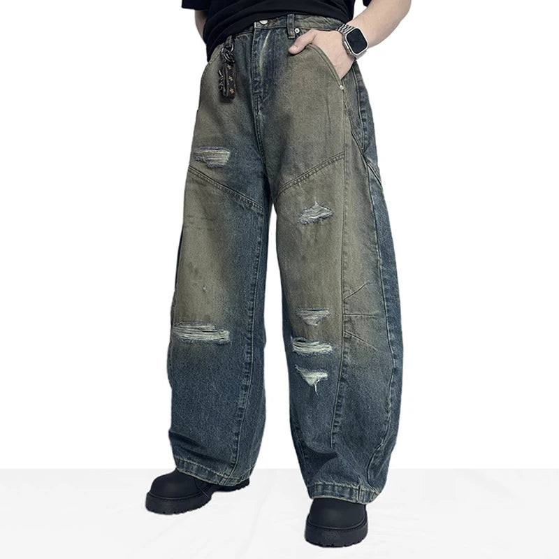 Y2K Washed Contrast Wide Leg Curved Knife Barrel Jeans