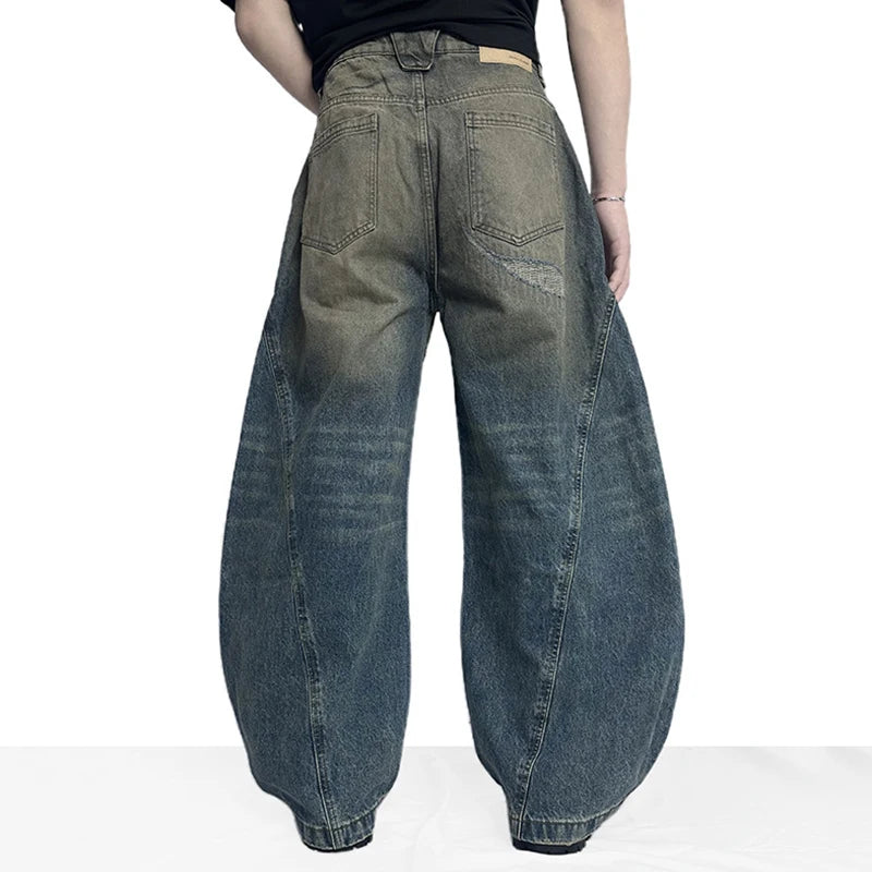 Y2K Washed Contrast Wide Leg Curved Knife Barrel Jeans