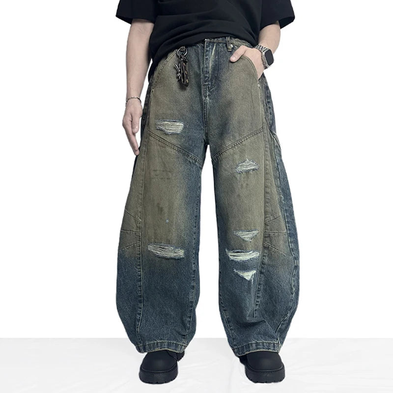 Y2K Washed Contrast Wide Leg Curved Knife Barrel Jeans