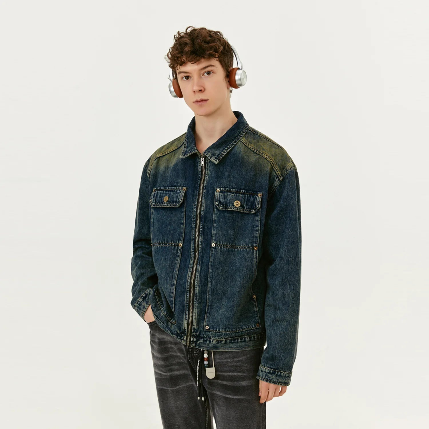 Y2K Washed Distressed Faded full Zip Up Denim Jacket