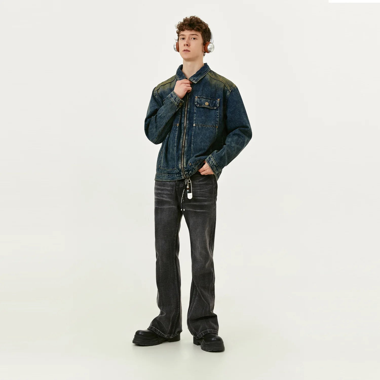 Y2K Washed Distressed Faded full Zip Up Denim Jacket