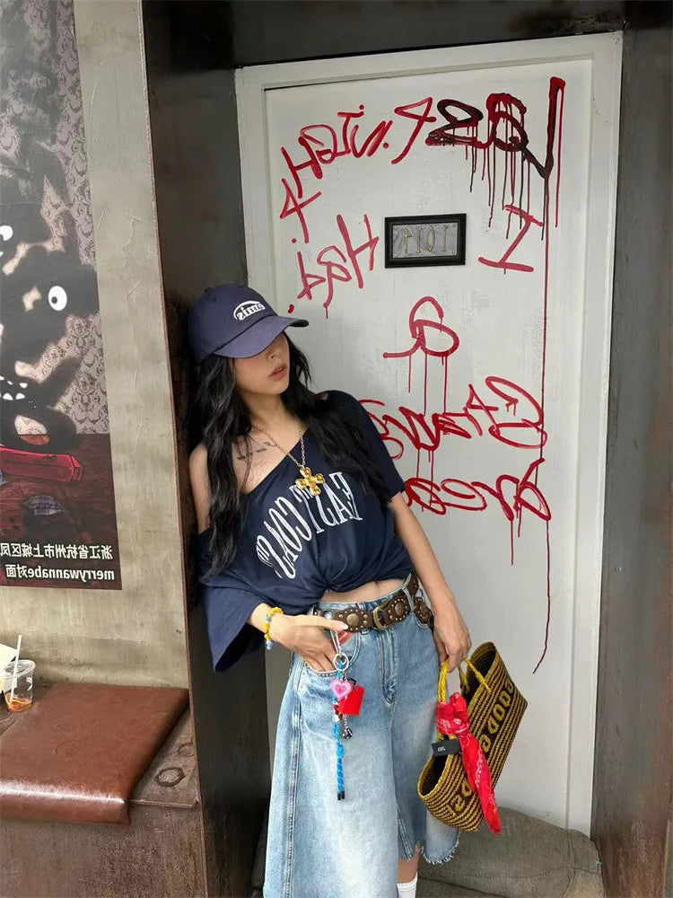 Y2K West Coast Graphic Loose Off Shoulder T Shirt