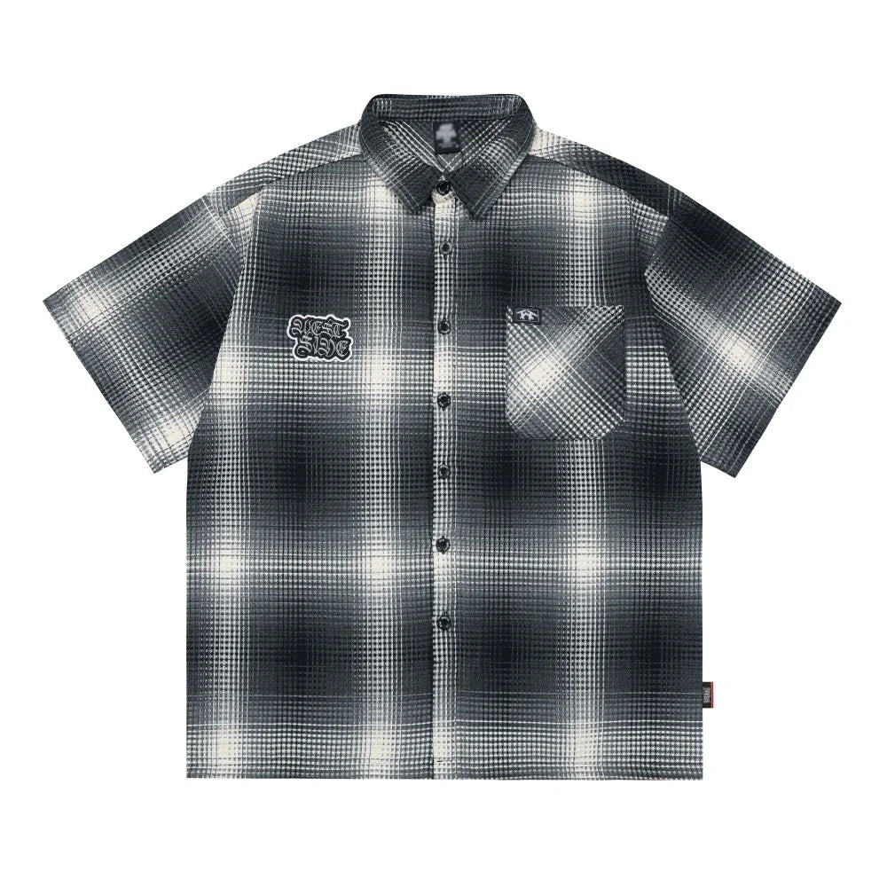 Y2K West Side Patch Embroidery Plaid Short Sleeve Shirt