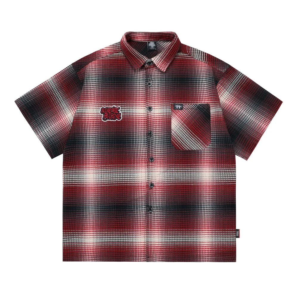Y2K West Side Patch Embroidery Plaid Short Sleeve Shirt