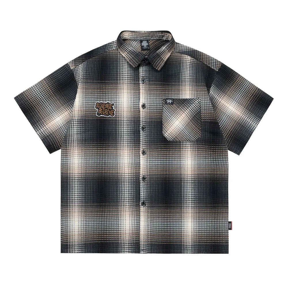 Y2K West Side Patch Embroidery Plaid Short Sleeve Shirt