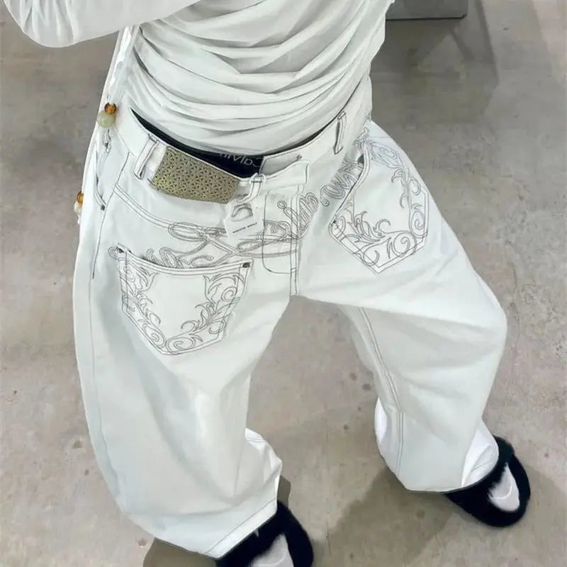 Y2K White Embroidered Baggy Jeans