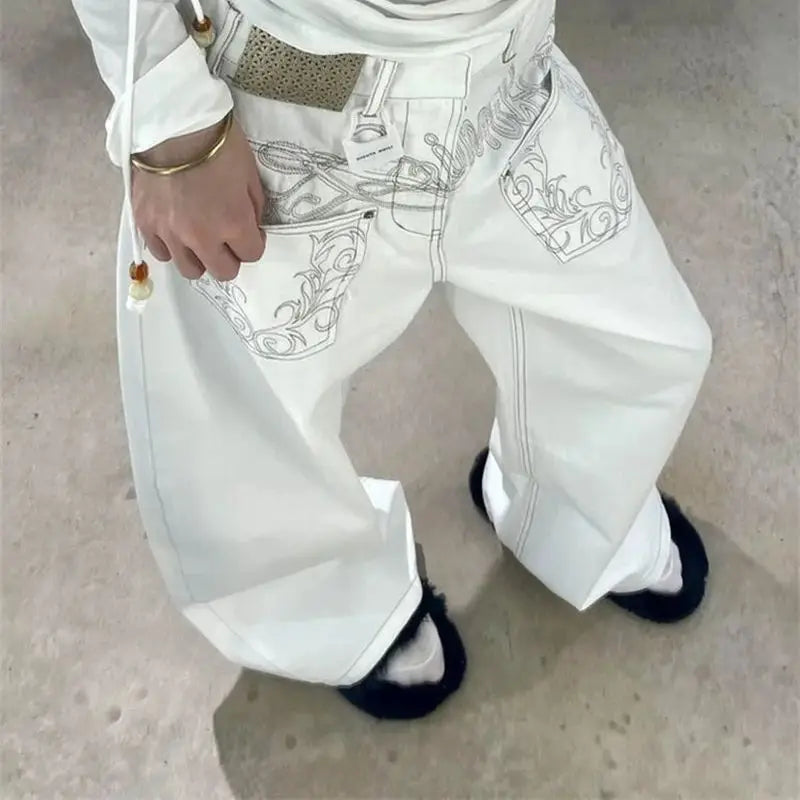 Y2K White Embroidered Baggy Jeans