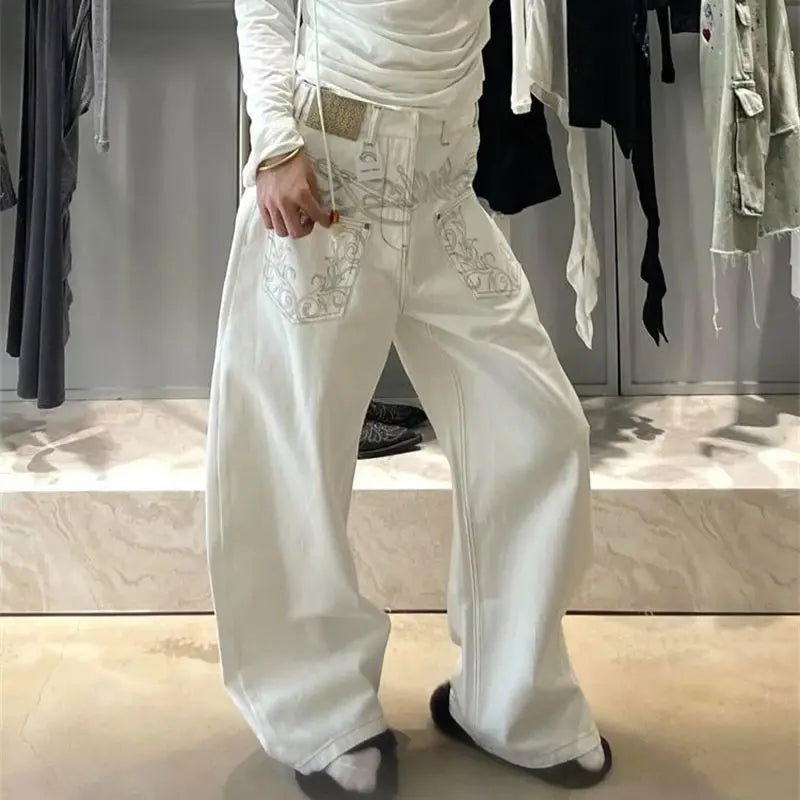 Y2K White Embroidered Baggy Jeans