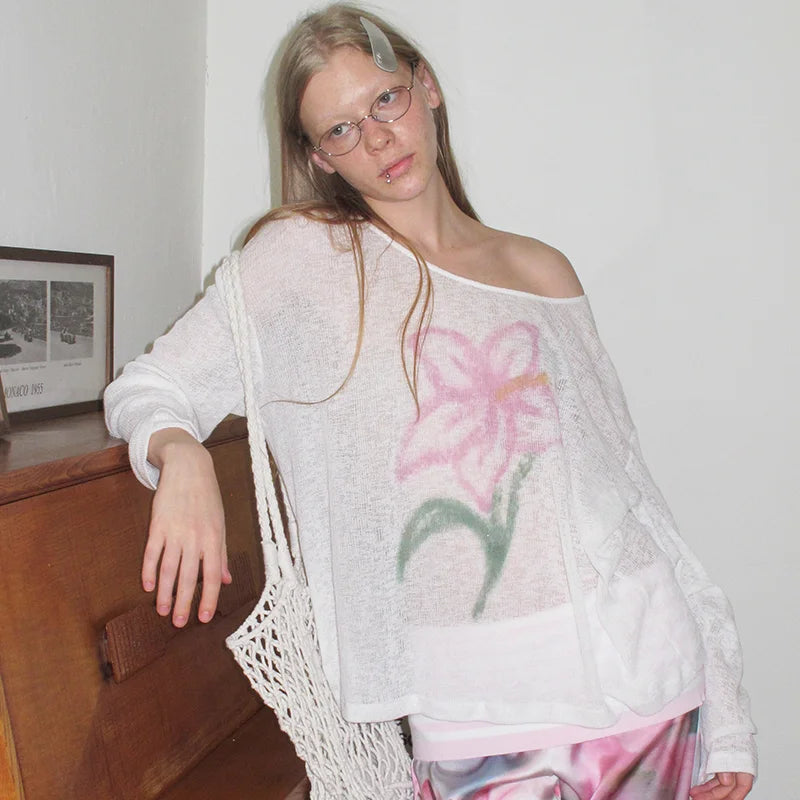 Y2K White Flower Graphic Sheer Mesh Long Sleeve Top