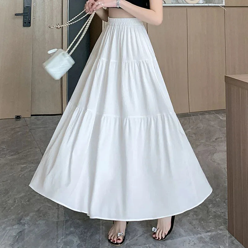 Y2K White Pink Tiered Casual Long Maxi Skirt