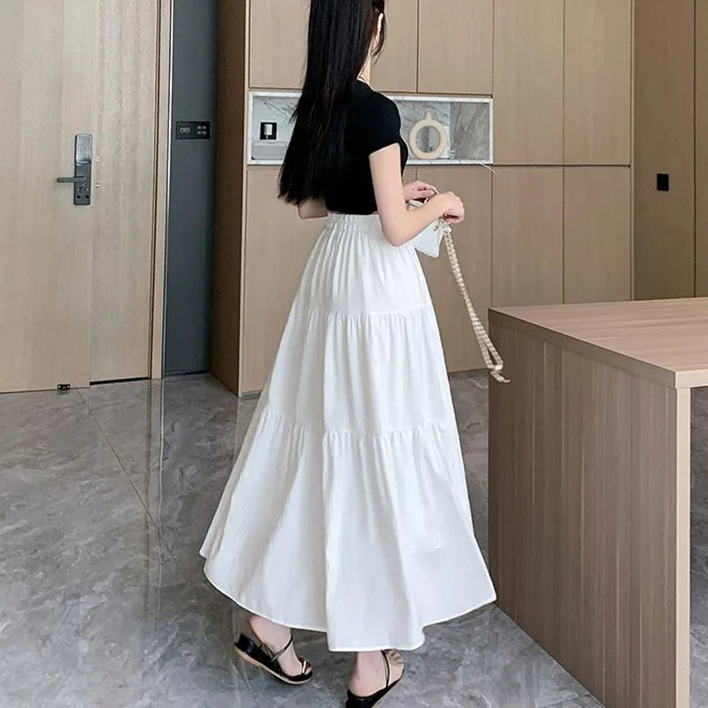 Y2K White Pink Tiered Casual Long Maxi Skirt