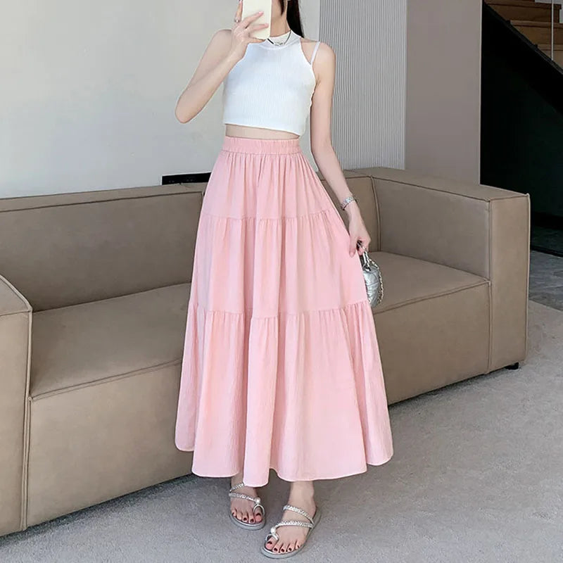 Y2K White Pink Tiered Casual Long Maxi Skirt