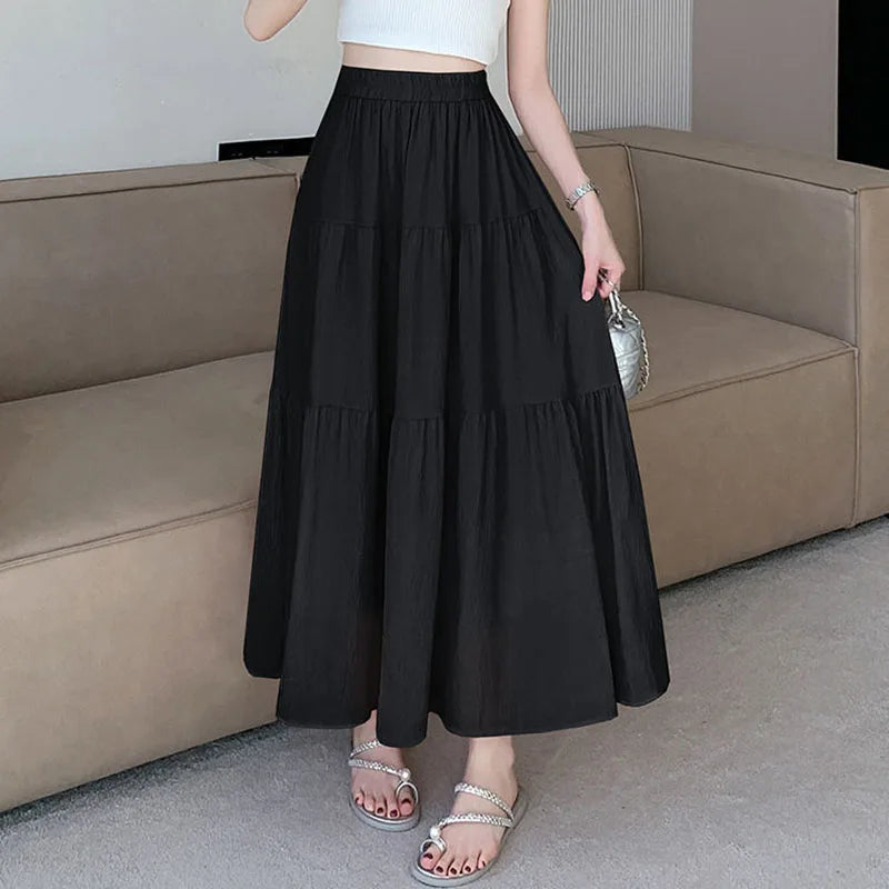 Y2K White Pink Tiered Casual Long Maxi Skirt