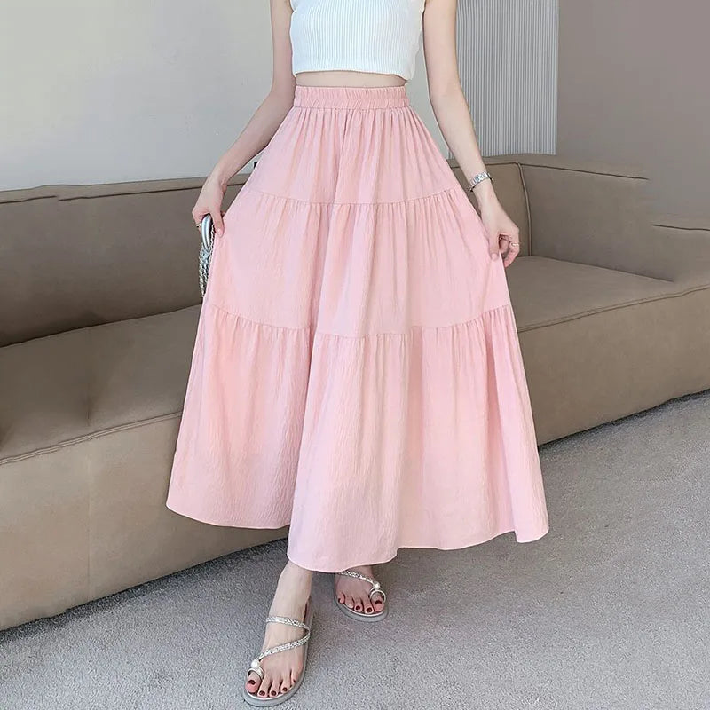 Y2K White Pink Tiered Casual Long Maxi Skirt