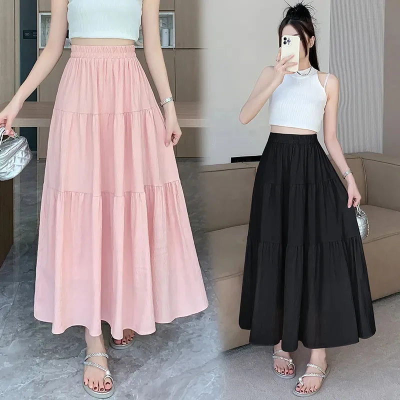 Y2K White Pink Tiered Casual Long Maxi Skirt