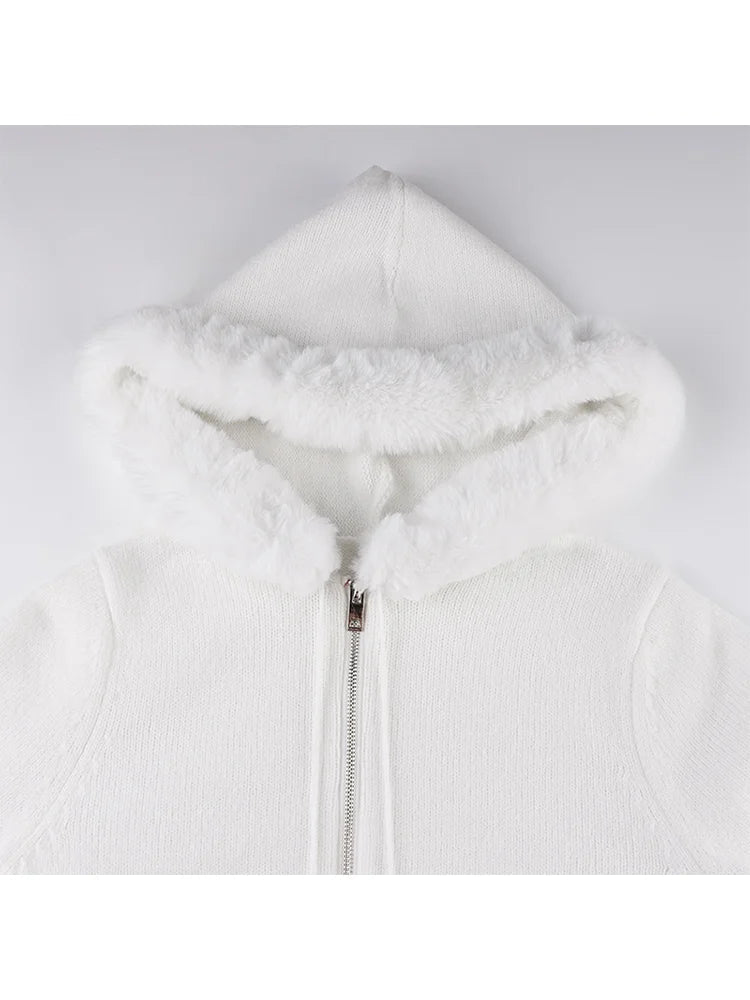 Y2K White Plush Crop Zip Up Hooded Jumper