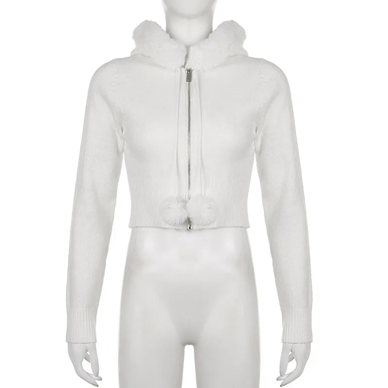 Y2K White Plush Crop Zip Up Hooded Jumper