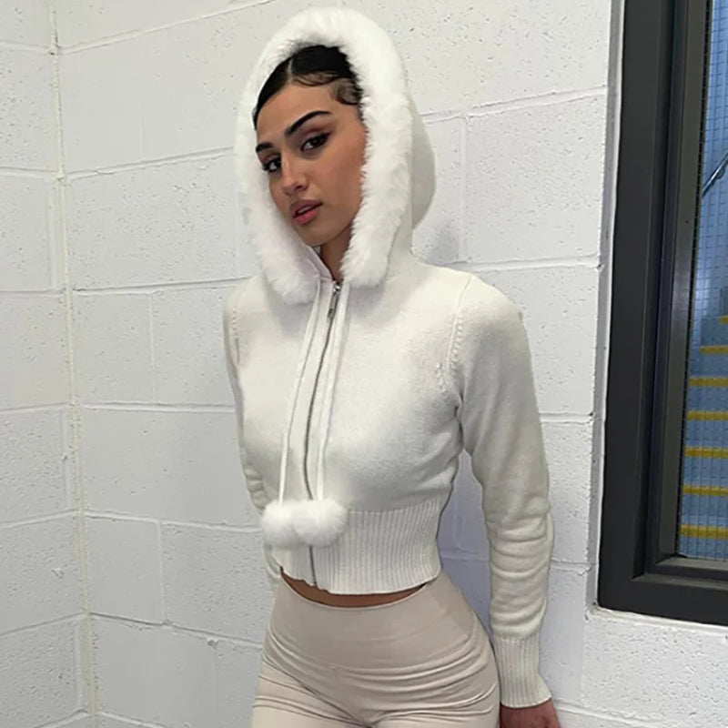 Y2K White Plush Crop Zip Up Hooded Jumper