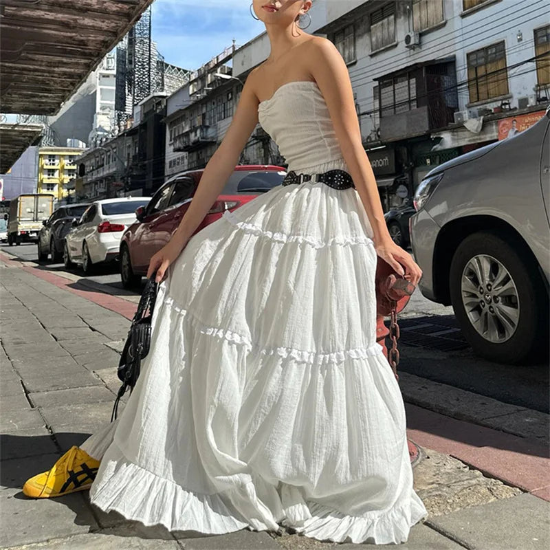 Y2K White Tiered Ruffle Maxi Skirt