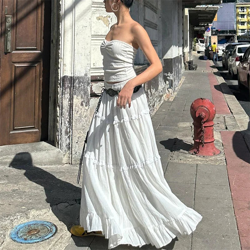 Y2K White Tiered Ruffle Maxi Skirt