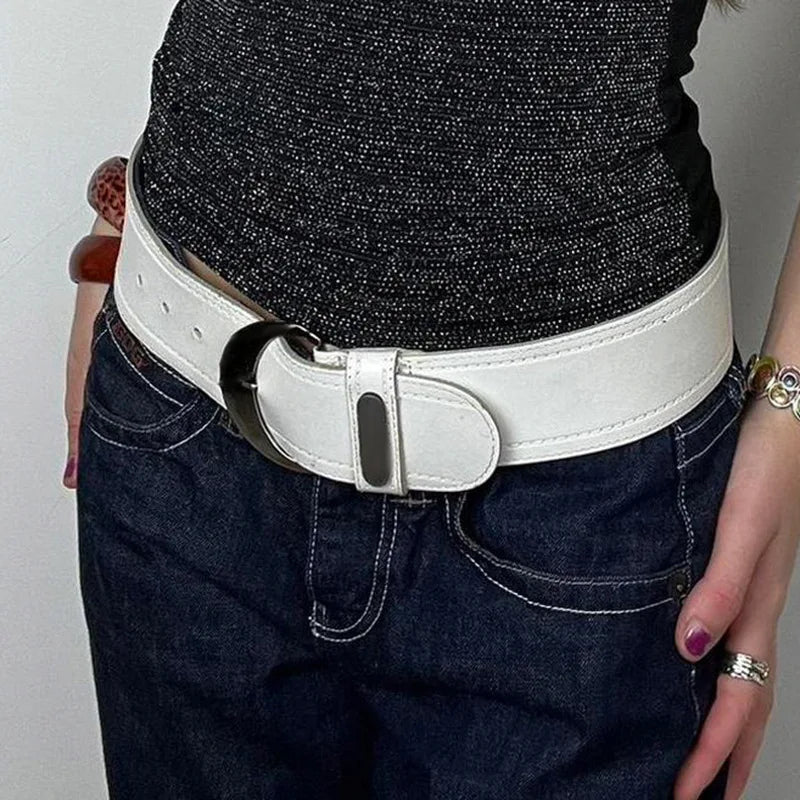 Y2K Wide White Leather Belt