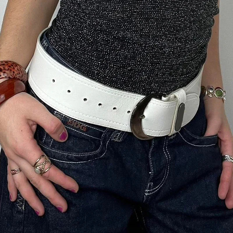 Y2K Wide White Leather Belt