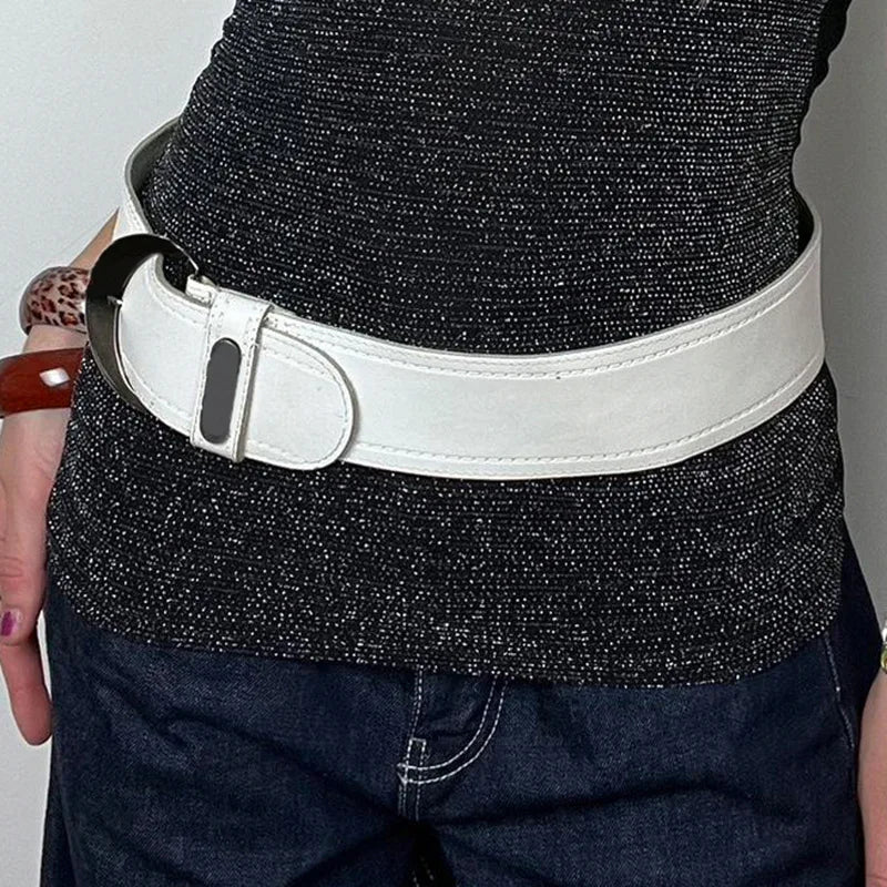 Y2K Wide White Leather Belt