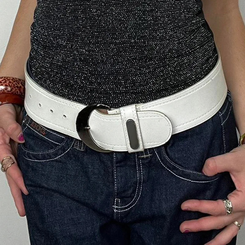 Y2K Wide White Leather Belt