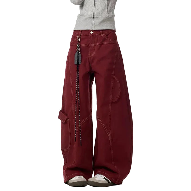 Y2K Wine Red Vintage High Waisted Baggy Barrel Jeans