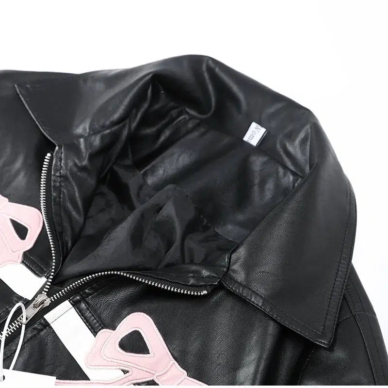 Y2K Women'S Bow Motorcycle Leather Zip Up Jacket