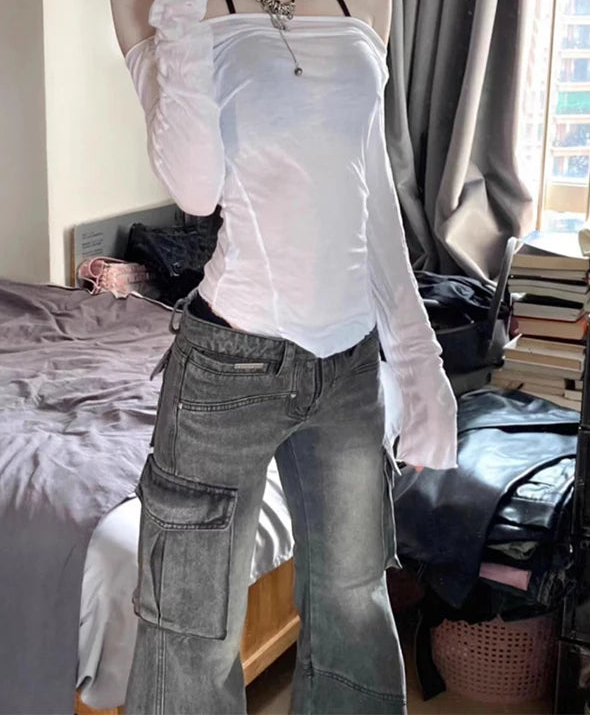 Y2K Womens Baggy Cowboy Low Waist Cargo Jeans