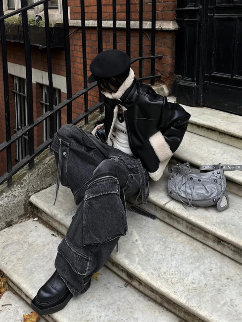 Y2K Womens Black Baggy Gothic Cargo Jeans