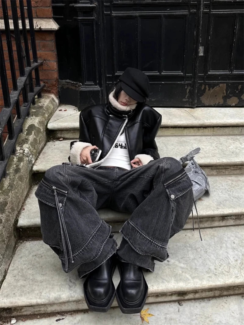 Y2K Womens Black Baggy Gothic Cargo Jeans