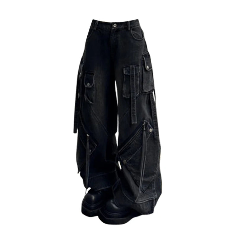 Y2K Womens Black Baggy Gothic Cargo Jeans