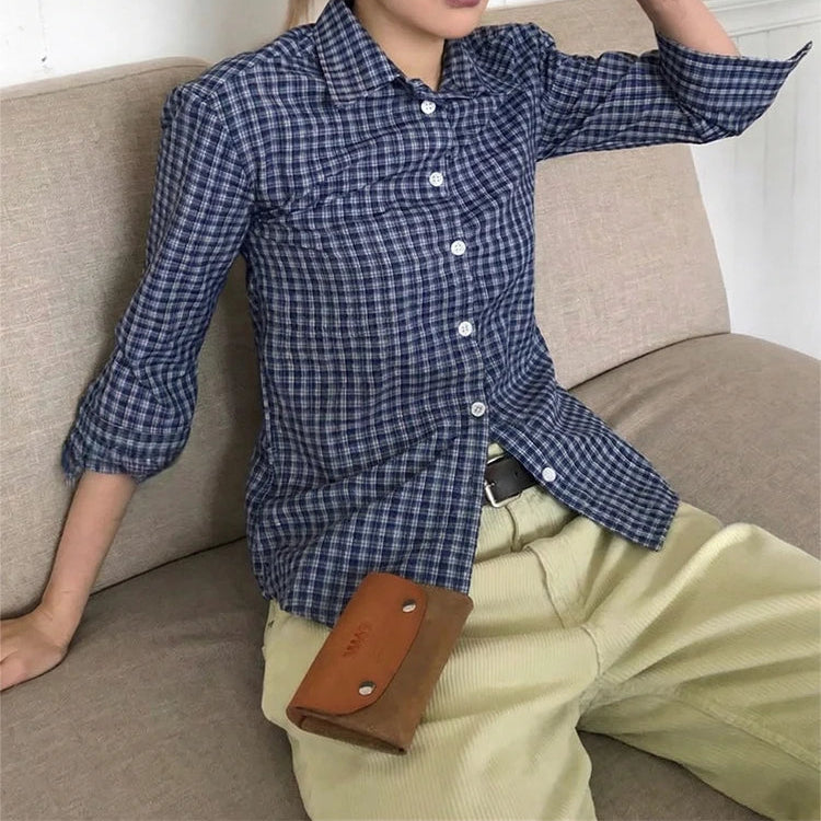 Y2K Womens Blue Plaid Three Quarter Casual Button Up Shirt