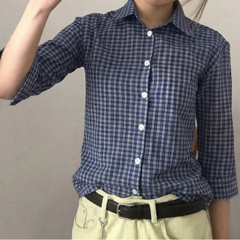 Y2K Womens Blue Plaid Three Quarter Casual Button Up Shirt