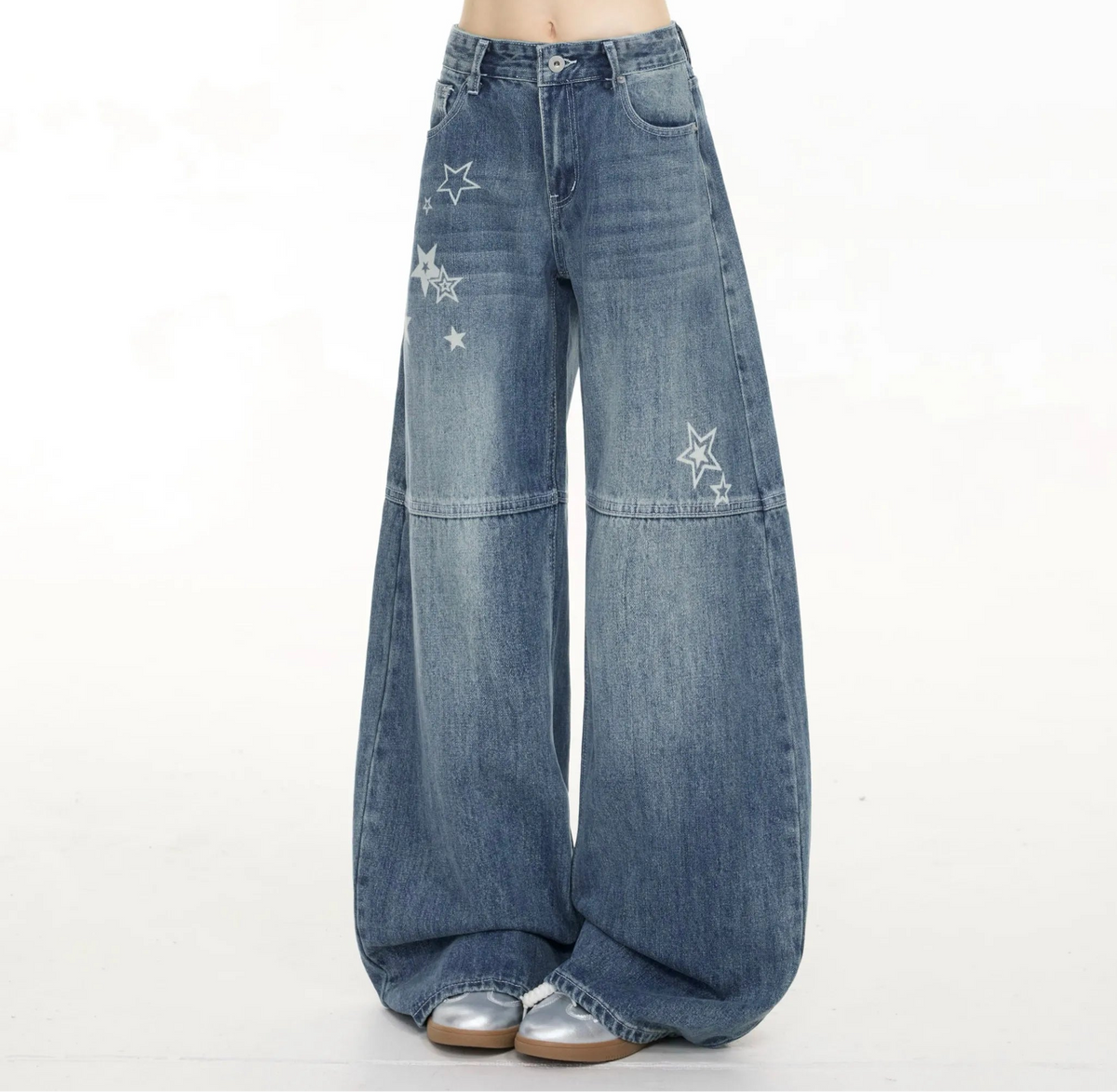 Y2K Womens Blue Star Print Graphic Baggy Denim Jeans