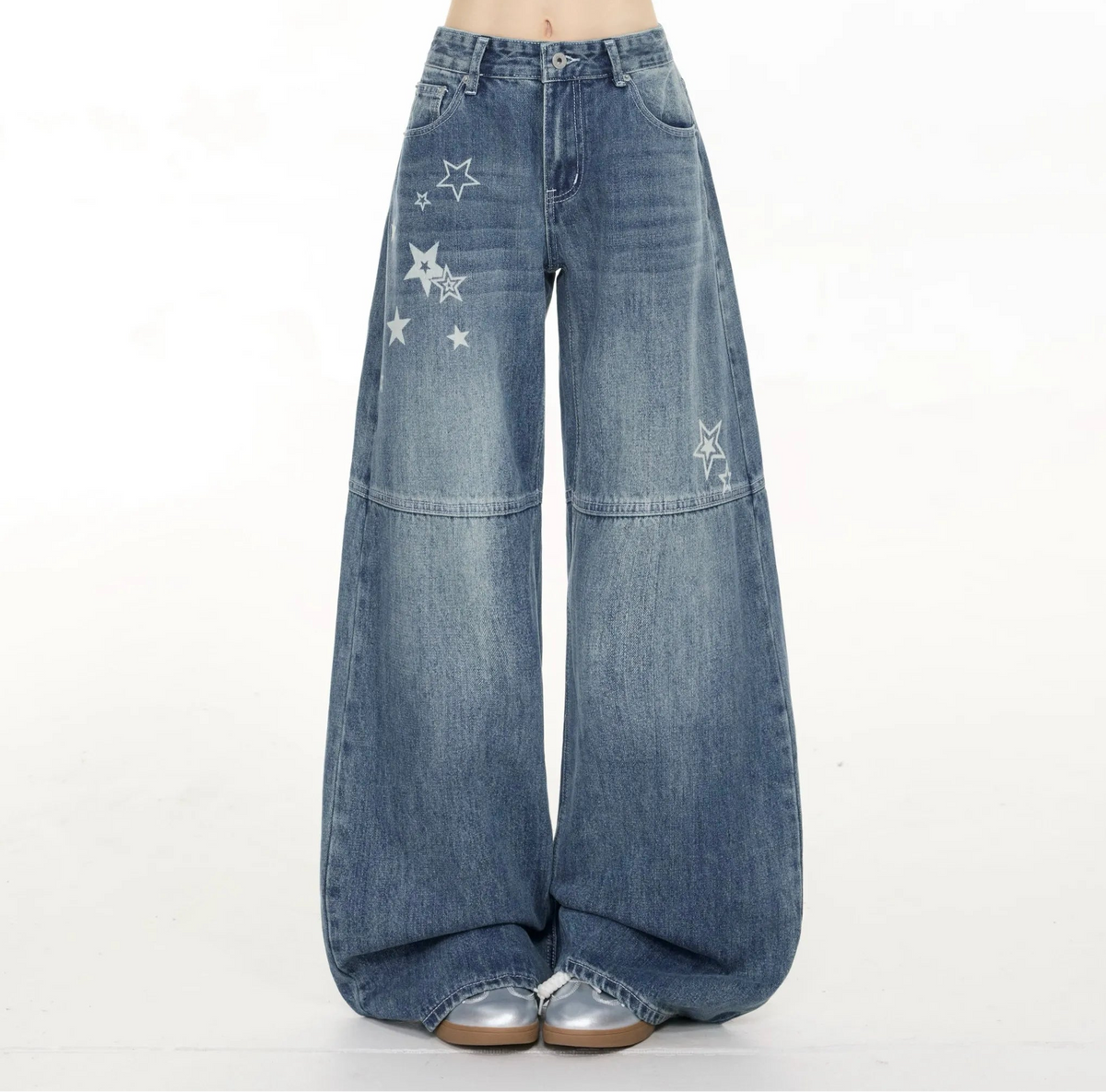 Y2K Womens Blue Star Print Graphic Baggy Denim Jeans