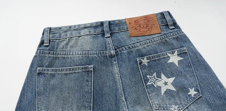 Y2K Womens Blue Star Print Graphic Baggy Denim Jeans