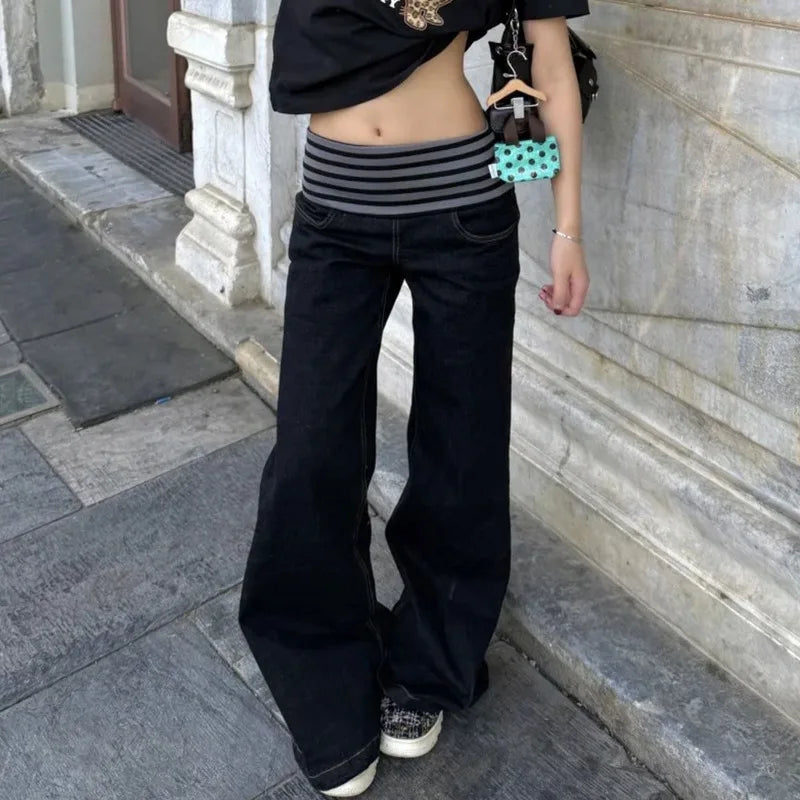 Y2K Womens Flared Baggy High Waist Striped Bootcut Jeans