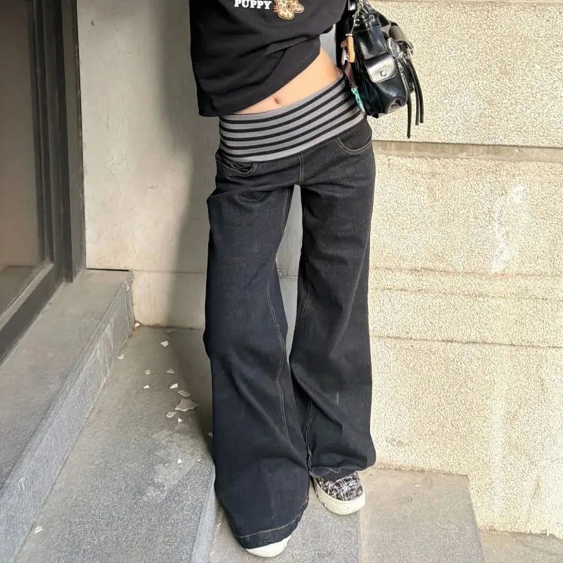 Y2K Womens Flared Baggy High Waist Striped Bootcut Jeans