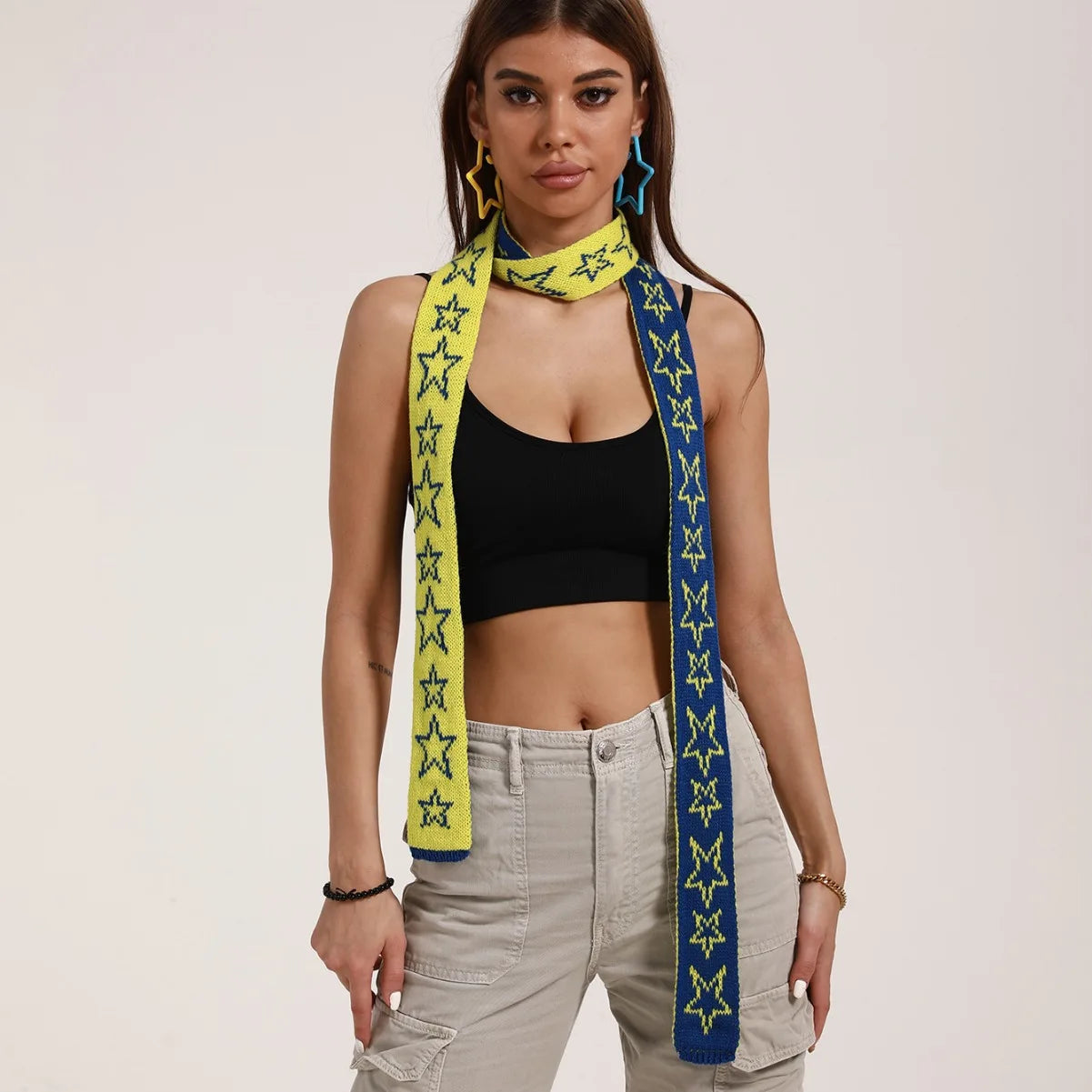 Y2K Womens Narrow Star Graphic Lengthened Scarf