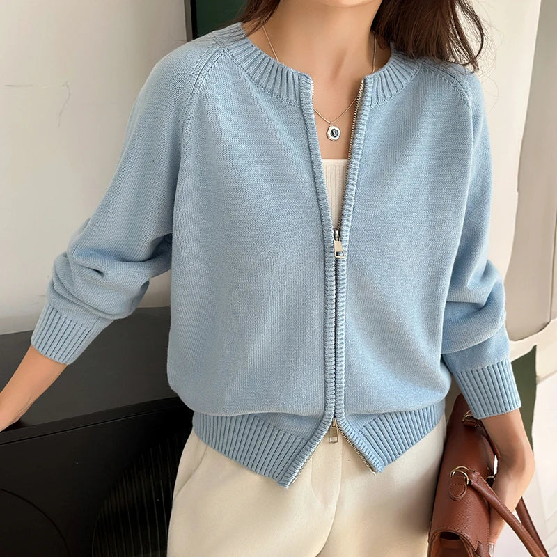 Y2K Womens O Neck Double Zip Cardigan