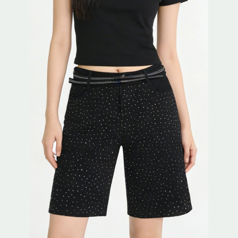 Y2K Womens Rhinestone Printed Denim Shorts Jorts