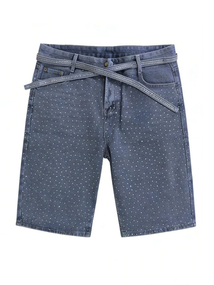 Y2K Womens Rhinestone Printed Denim Shorts Jorts