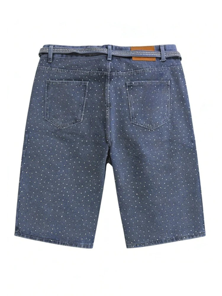 Y2K Womens Rhinestone Printed Denim Shorts Jorts