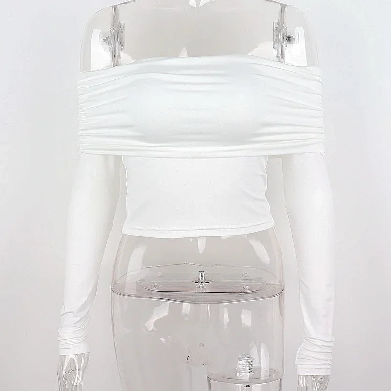 Y2K Womens Ruched Off Shoulder Long Sleeve Slim Crop Top