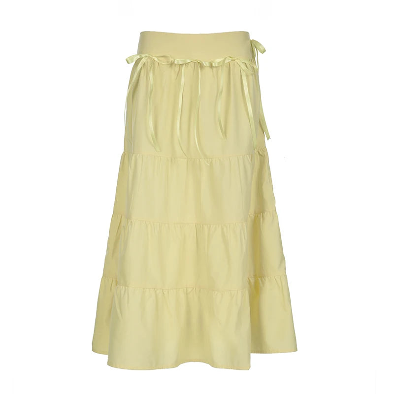 Y2K Yellow Bow Tiered Flowy Long Maxi Skirt