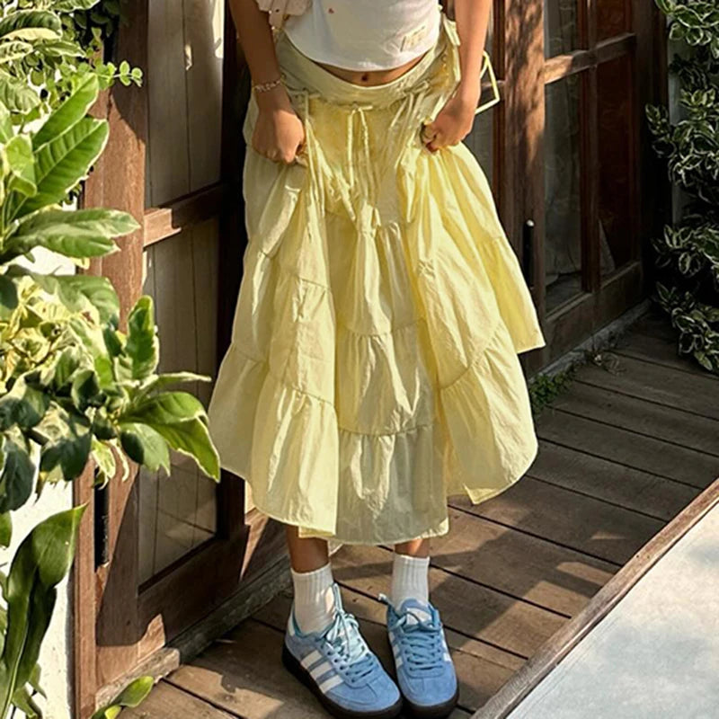 Y2K Yellow Bow Tiered Flowy Long Maxi Skirt